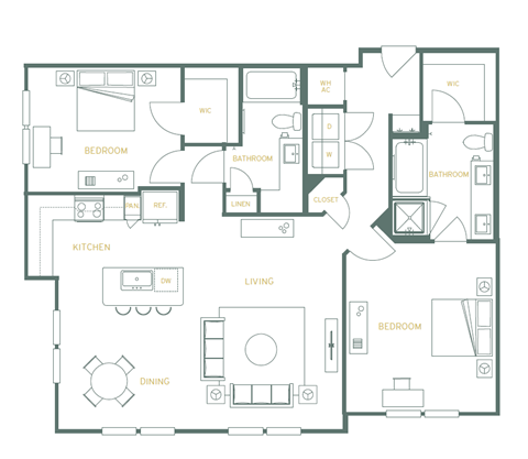 a floor plan of a residence with an open floor plan with bedrooms and a kitchen